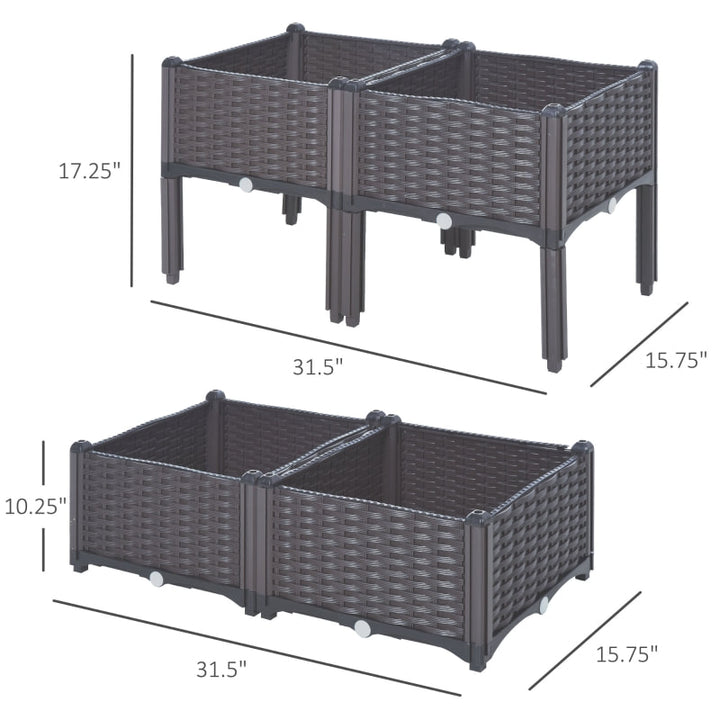 4pc 2 Tier Plastic Raised Veggie Flower Herb Bed Planter w Drainage, Outdoor Gardening, Brown