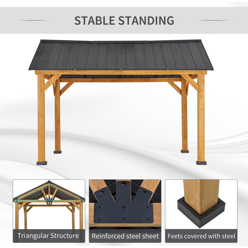 13' x 11' Solid Wood Gazebo Canopy Pavilion Shelter w Steel Hard Top Roof - Black, Natural Fir