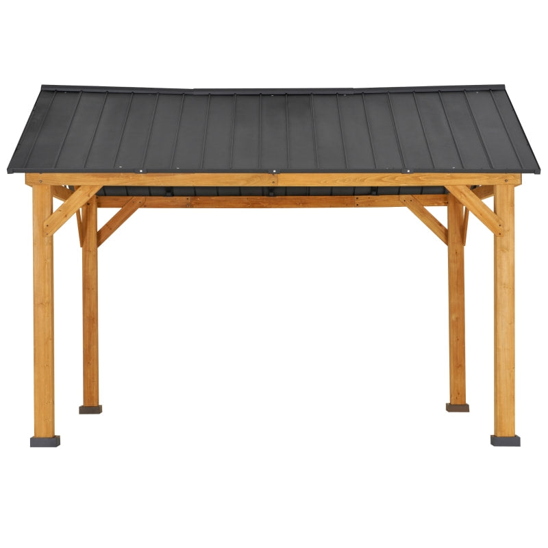 13' x 11' Solid Wood Gazebo Canopy Pavilion Shelter w Steel Hard Top Roof - Black, Natural Fir