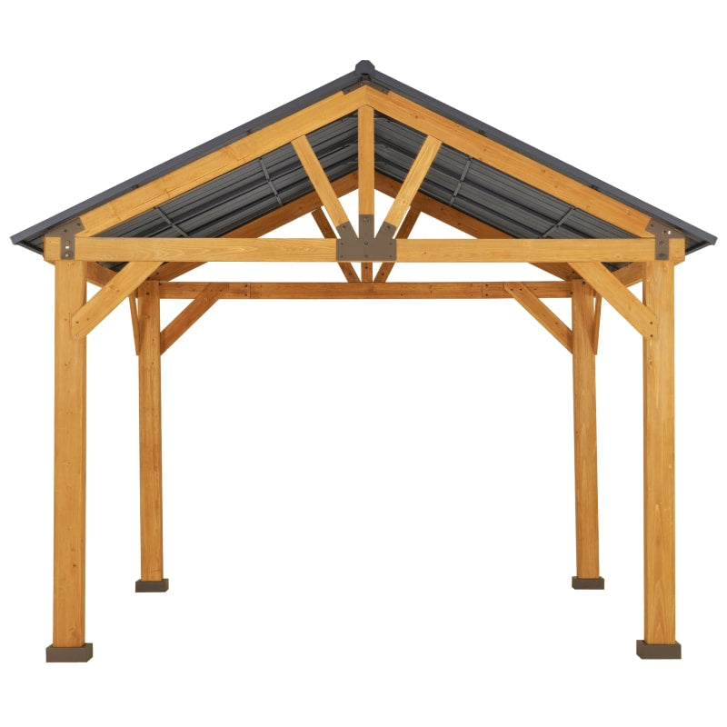 13' x 11' Solid Wood Gazebo Canopy Pavilion Shelter w Steel Hard Top Roof - Black, Natural Fir