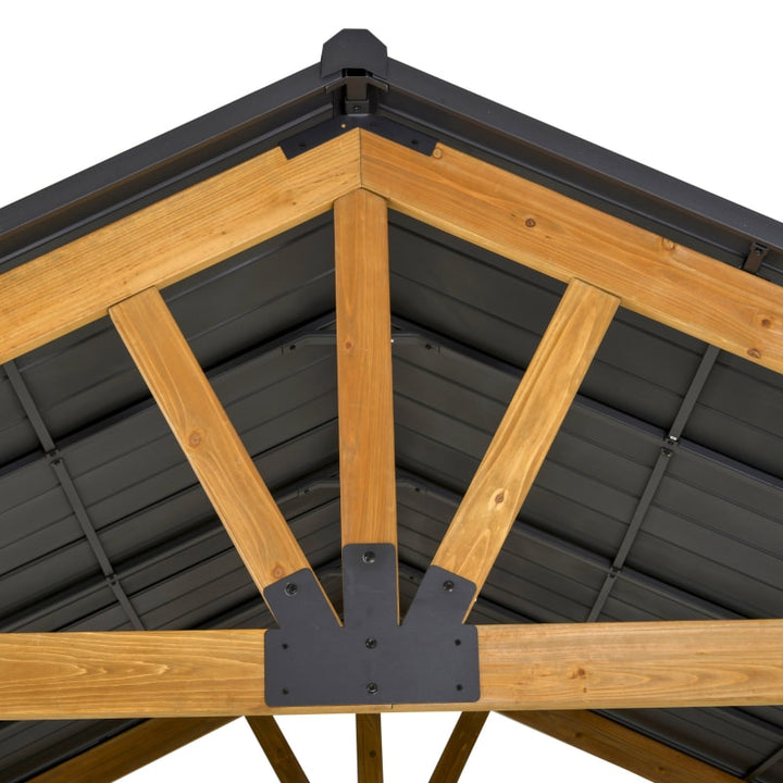 13' x 11' Solid Wood Gazebo Canopy Pavilion Shelter w Steel Hard Top Roof - Black, Natural Fir