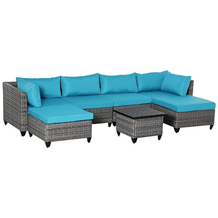 7pc Premium PE Rattan Wicker Galvanized Steel Sectional Patio Sofa w Cushions, Aqua Blue, Grey