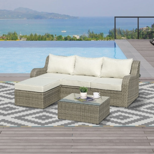3pc Premium PE Rattan Wicker Aluminum Sofa Conversation Lounge Patio Set w Cushions, Grey Beige