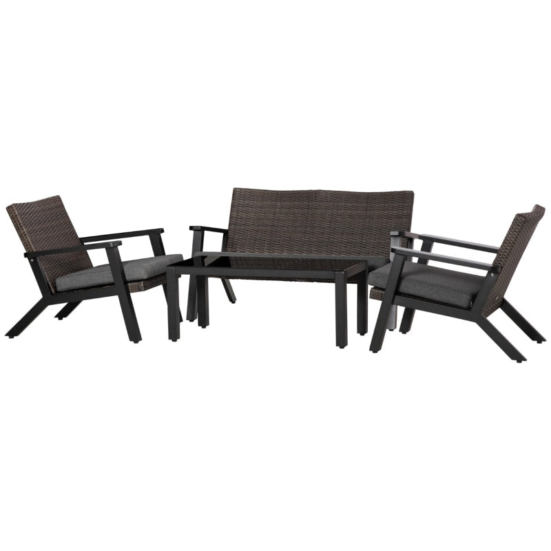 4pc Premium Aluminum Metal Frame Rattan Wicker Outdoor Patio Lounge Set w Cushions, Grey Black