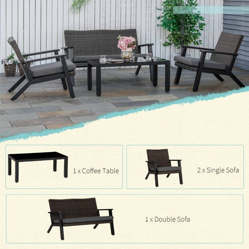 4pc Premium Aluminum Metal Frame Rattan Wicker Outdoor Patio Lounge Set w Cushions, Grey Black