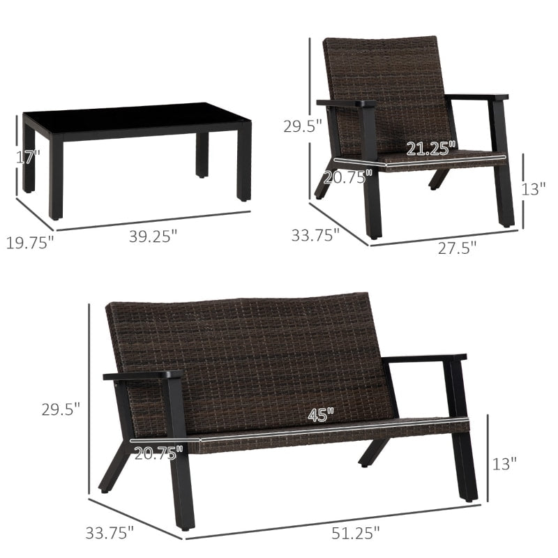 4pc Premium Aluminum Metal Frame Rattan Wicker Outdoor Patio Lounge Set w Cushions, Grey Black