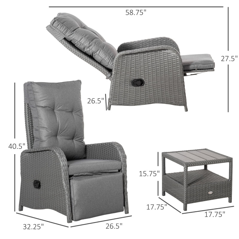3pc Premium PE Rattan Wicker Aluminum Recliner Lounge Chairs Patio Set w Cushions, Table, Grey