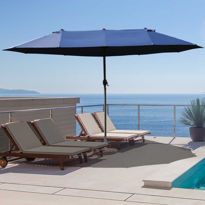 15ft Double Twin Canopy Patio Deck Umbrella Sun Shade Shelter w UV Protection, Crank, Navy Blue