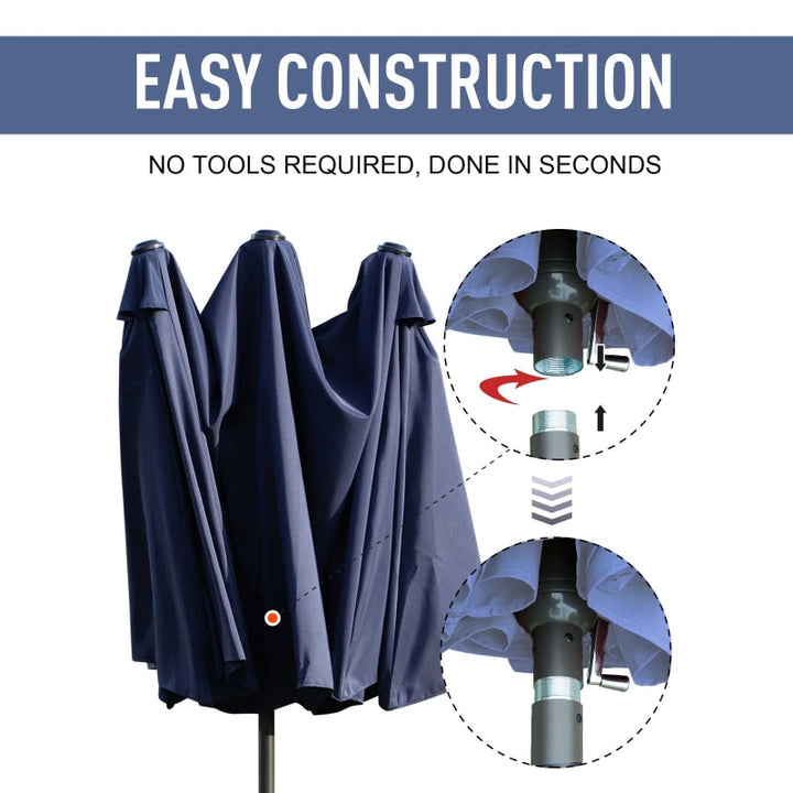 15ft Double Twin Canopy Patio Deck Umbrella Sun Shade Shelter w UV Protection, Crank, Navy Blue