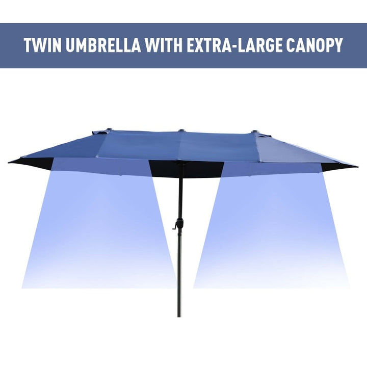 15ft Double Twin Canopy Patio Deck Umbrella Sun Shade Shelter w UV Protection, Crank, Navy Blue