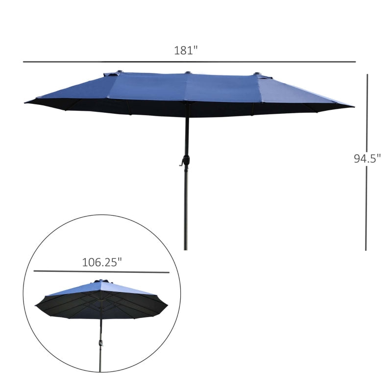15ft Double Twin Canopy Patio Deck Umbrella Sun Shade Shelter w UV Protection, Crank, Navy Blue