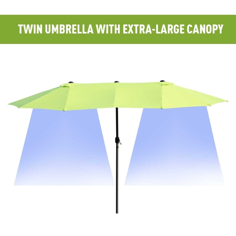 15ft Double Twin Canopy Patio Deck Umbrella Sun Shade Shelter w UV Protection Crank, Lime Green