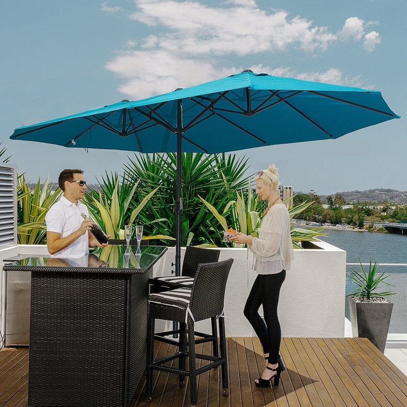 15ft Double Twin Canopy Patio Deck Umbrella Shade Shelter w UV Protection Crank, Turquoise Blue