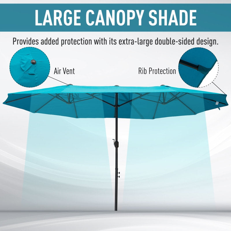 15ft Double Twin Canopy Patio Deck Umbrella Shade Shelter w UV Protection Crank, Turquoise Blue