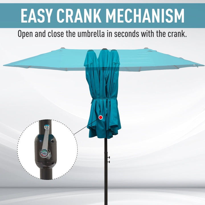 15ft Double Twin Canopy Patio Deck Umbrella Shade Shelter w UV Protection Crank, Turquoise Blue