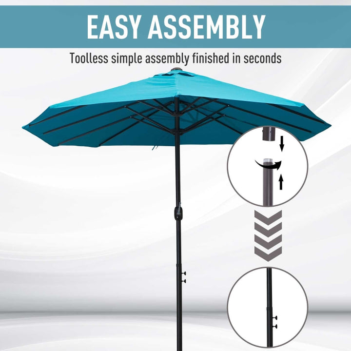 15ft Double Twin Canopy Patio Deck Umbrella Shade Shelter w UV Protection Crank, Turquoise Blue