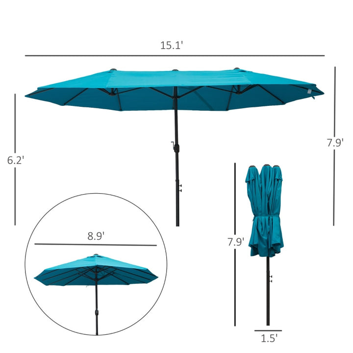 15ft Double Twin Canopy Patio Deck Umbrella Shade Shelter w UV Protection Crank, Turquoise Blue