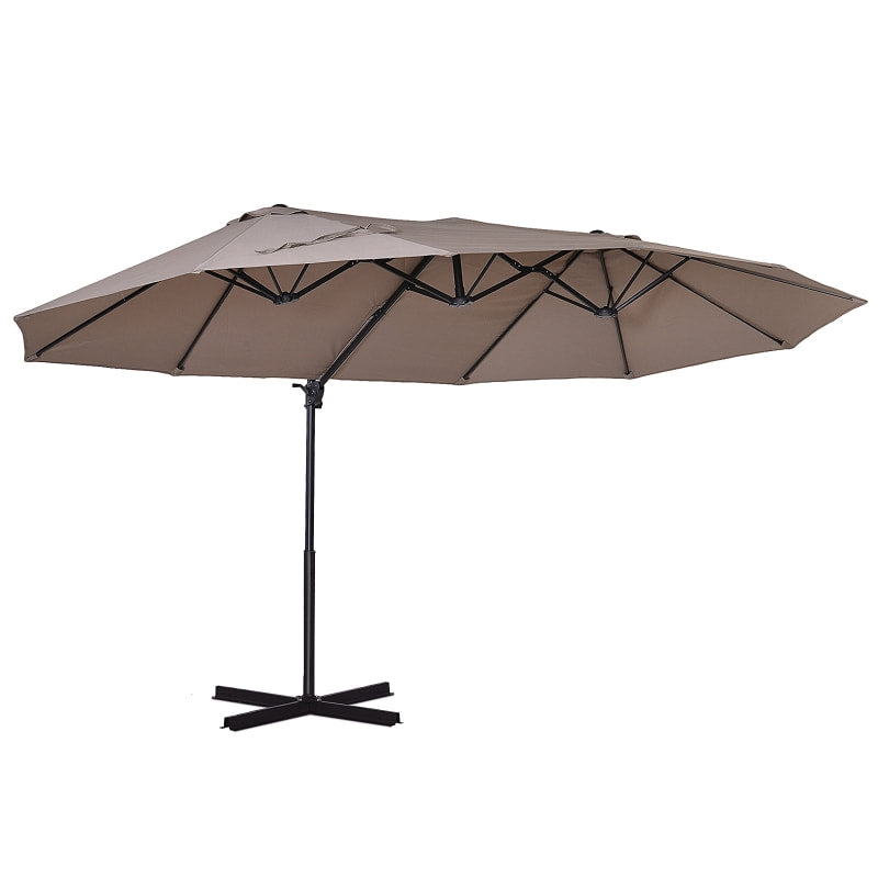 15ft Tilting Offset Cantilever Double Twin Canopy Patio Deck Umbrella w Cross Base, Taupe Brown