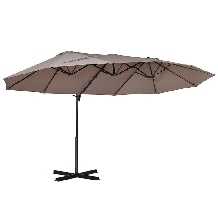 15ft Tilting Offset Cantilever Double Twin Canopy Patio Deck Umbrella w Cross Base, Taupe Brown