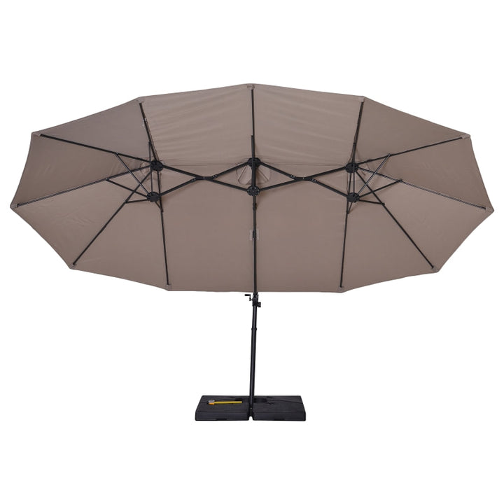 15ft Tilting Offset Cantilever Double Twin Canopy Patio Deck Umbrella w Cross Base, Taupe Brown