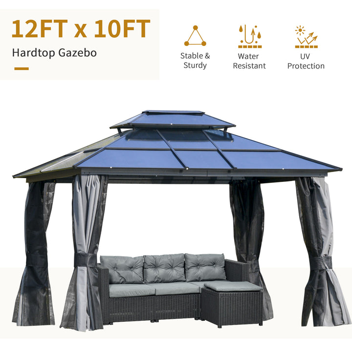 12' x 10' Tiered PC Hardtop Aluminum Frame Gazebo Shelter Canopy w Curtains, Mesh - Black, Grey
