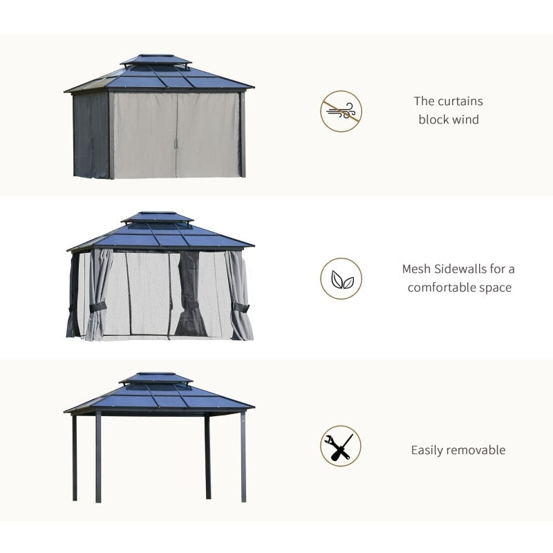 12' x 10' Tiered PC Hardtop Aluminum Frame Gazebo Shelter Canopy w Curtains, Mesh - Black, Grey