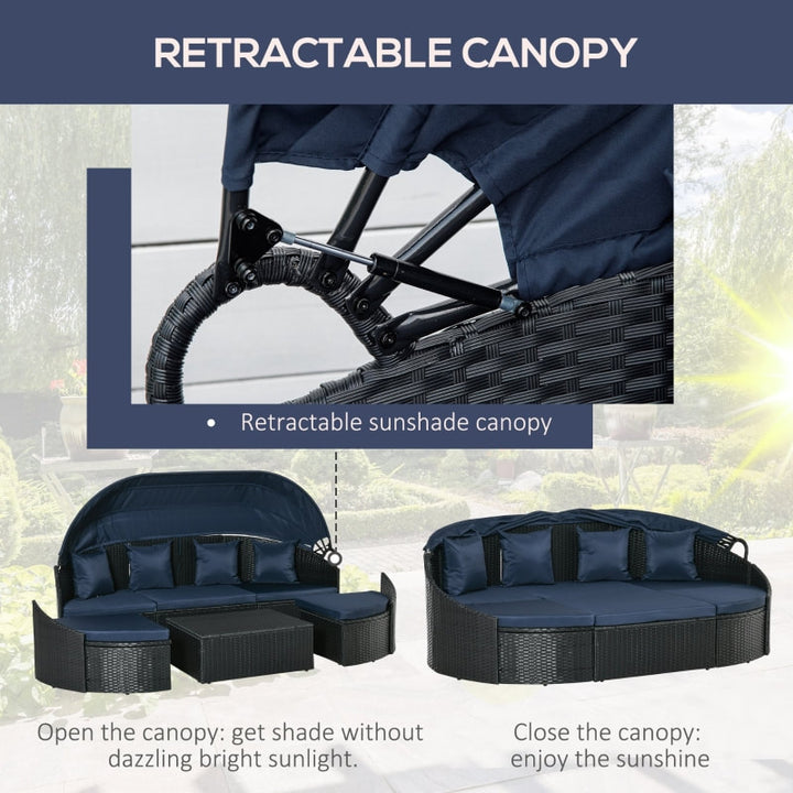 4pc PE Rattan Wicker Canopy Daybed Lounge Patio Conversation Set w Cushions, Navy Blue, Black