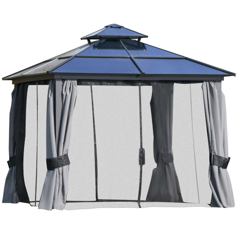 10' x 10' Tiered PC Hardtop Aluminum Frame Gazebo Canopy Shelter w Curtains, Mesh - Black, Grey