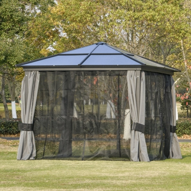 10' x 10' PC Hardtop Aluminum Frame Gazebo Canopy Shade Shelter w/ Curtains, Mesh - Grey, Black