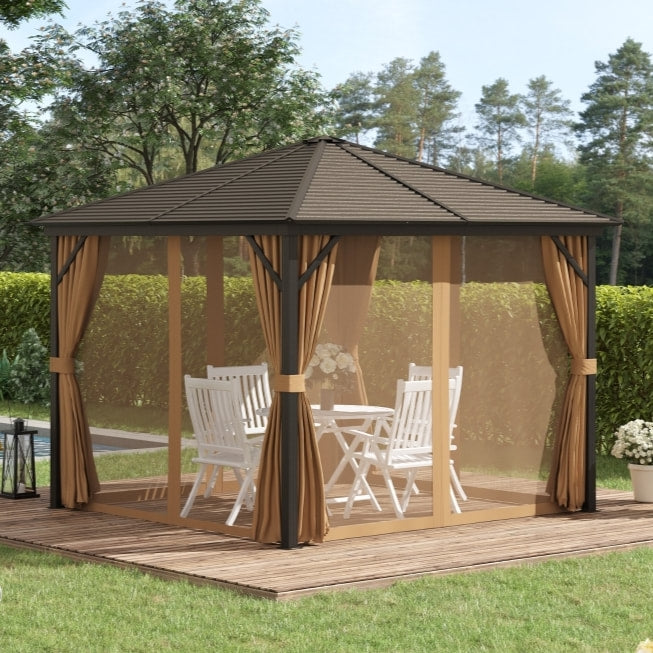 10' x 10' Steel Hardtop Aluminum Frame Gazebo Canopy Sun Shelter w Curtain, Mosquito Net, Brown