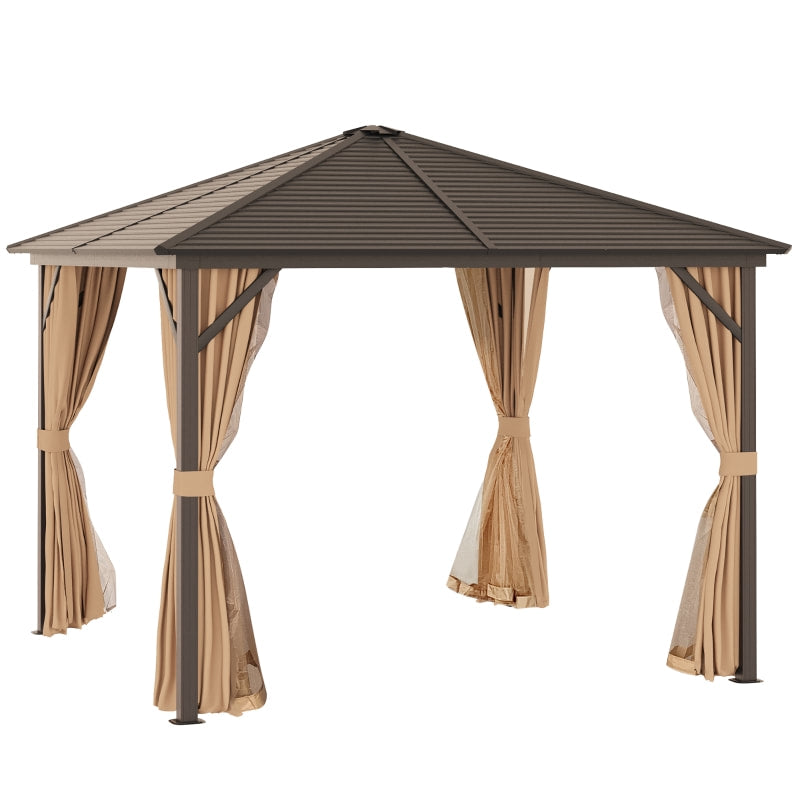 10' x 10' Steel Hardtop Aluminum Frame Gazebo Canopy Sun Shelter w Curtain, Mosquito Net, Brown