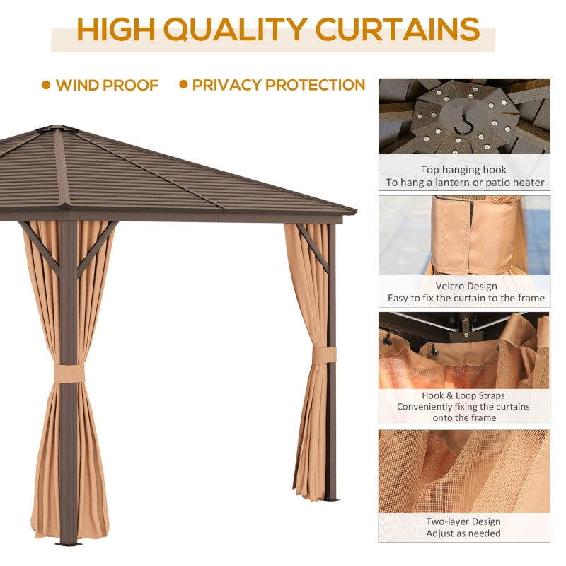 10' x 10' Steel Hardtop Aluminum Frame Gazebo Canopy Sun Shelter w Curtain, Mosquito Net, Brown