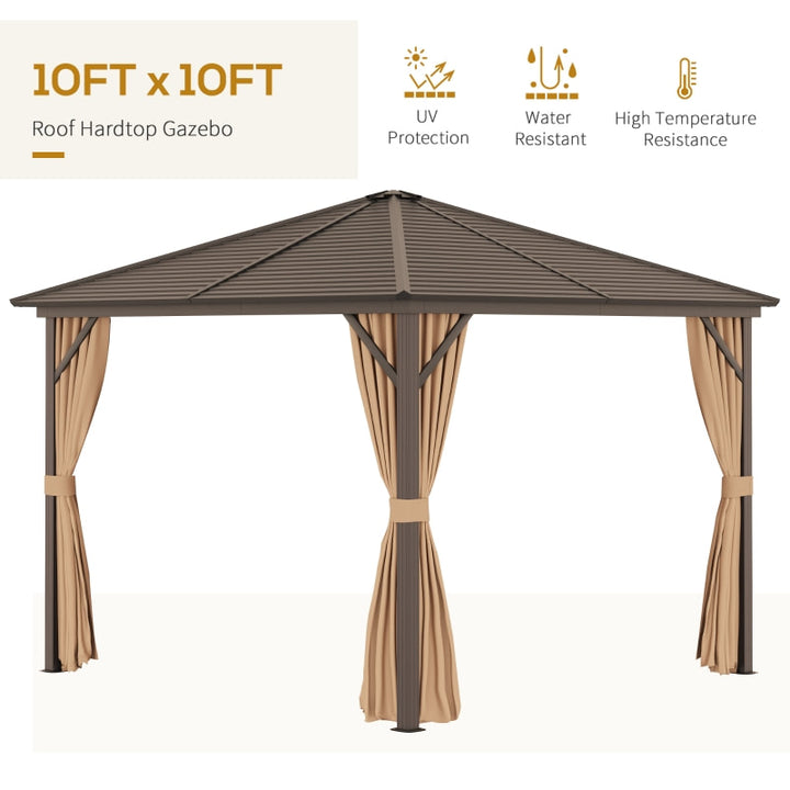 10' x 10' Steel Hardtop Aluminum Frame Gazebo Canopy Sun Shelter w Curtain, Mosquito Net, Brown
