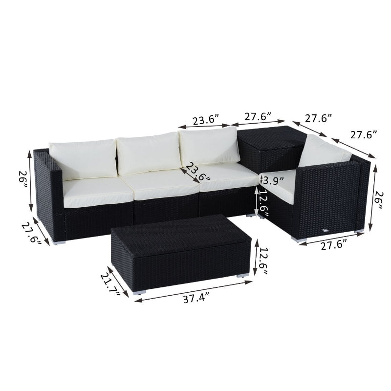 6pc L-Shape Rattan Wicker Sectional Patio Sofa w Storage Tables, Cushions - Black, Cream White