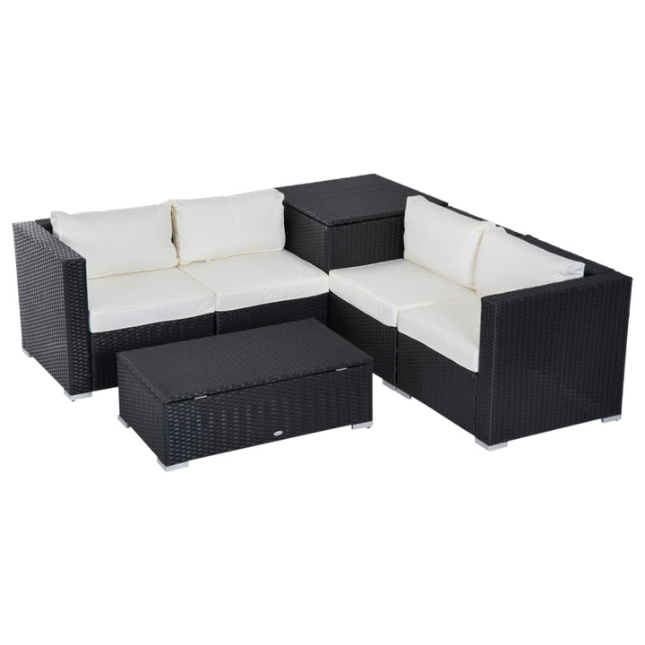 6pc L-Shape Rattan Wicker Sectional Patio Sofa w Storage Tables, Cushions - Black, Cream White