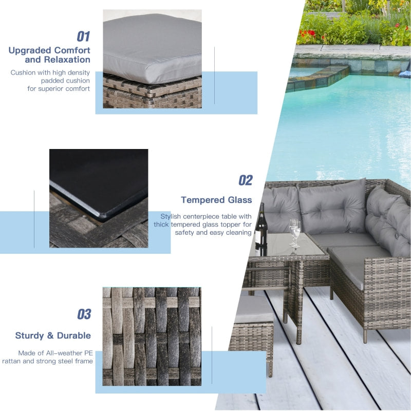 6pc L-Shape PE Rattan Wicker Outdoor Dining Patio Furniture Set w Cushions, Ottomans, Grey Mix