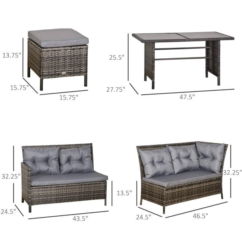 6pc L-Shape PE Rattan Wicker Outdoor Dining Patio Furniture Set w Cushions, Ottomans, Grey Mix