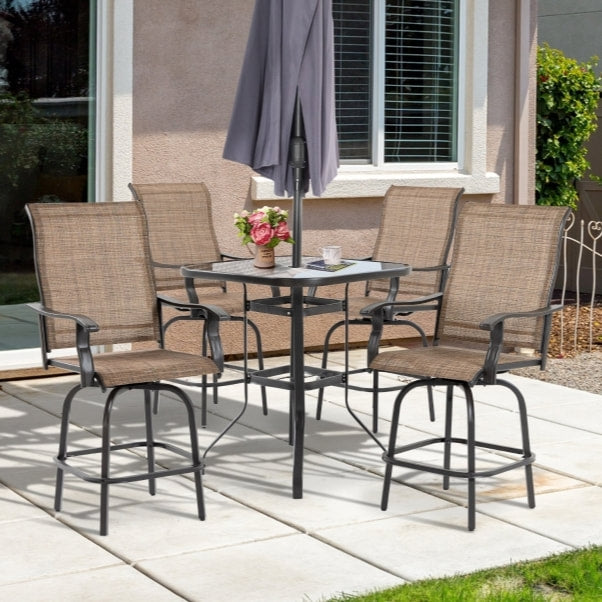 5pc Steel High Bistro Dining Glass Table Set w 4 Swivel Chairs for Outdoor Patio Deck - Brown