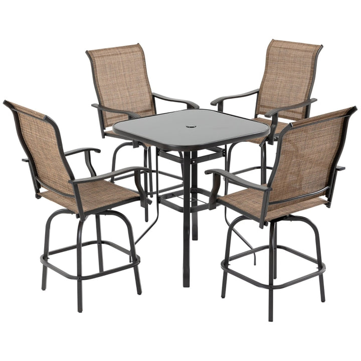 5pc Steel High Bistro Dining Glass Table Set w 4 Swivel Chairs for Outdoor Patio Deck - Brown