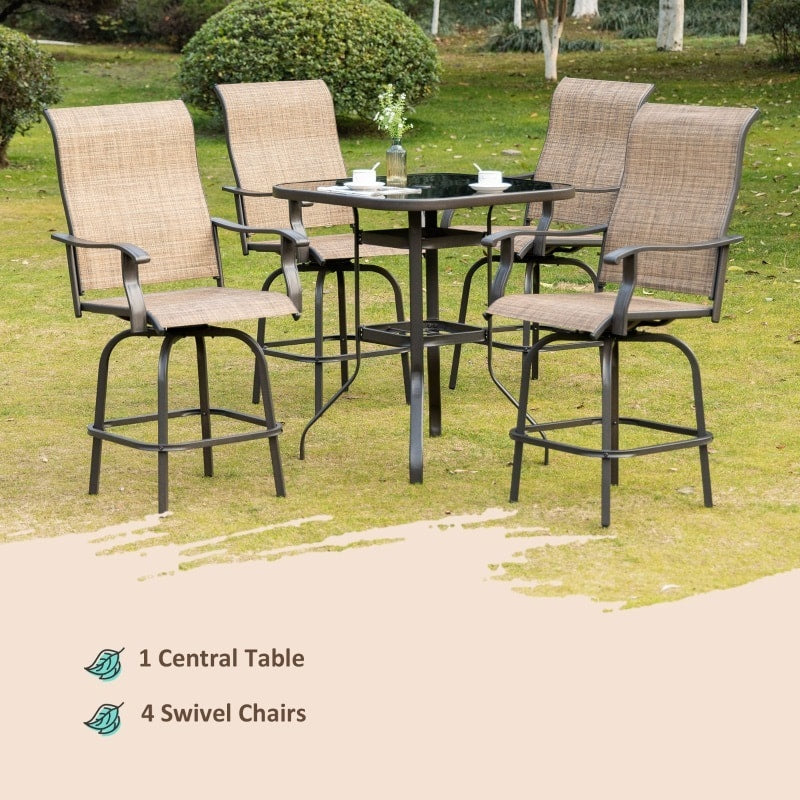 5pc Steel High Bistro Dining Glass Table Set w 4 Swivel Chairs for Outdoor Patio Deck - Brown
