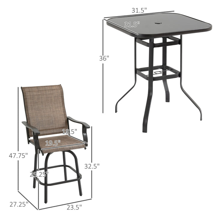 5pc Steel High Bistro Dining Glass Table Set w 4 Swivel Chairs for Outdoor Patio Deck - Brown