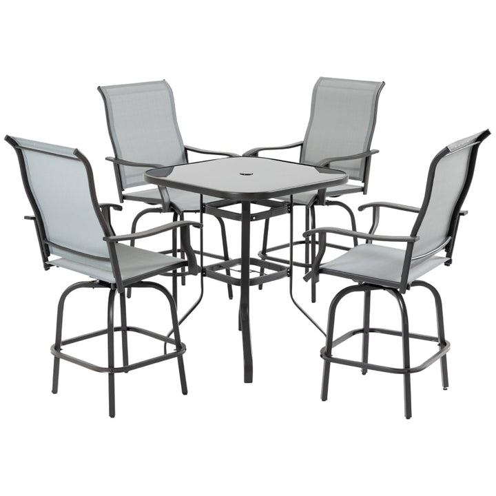 5pc Steel High Bistro Dining Glass Table Set w 4 Swivel Chairs for Outdoor Patio Deck - Grey