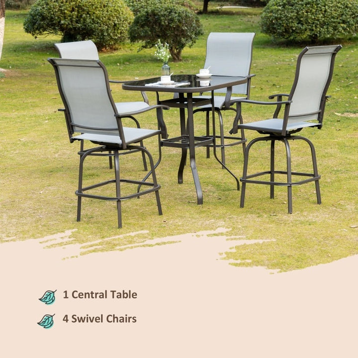 5pc Steel High Bistro Dining Glass Table Set w 4 Swivel Chairs for Outdoor Patio Deck - Grey