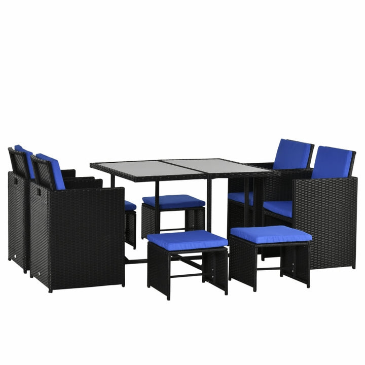 9pc Compact PE Rattan Wicker Dining Table Set w/ Cushions for Outdoor Patio Deck - Black & Blue