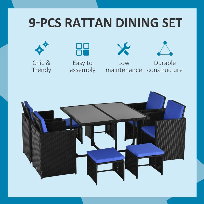 9pc Compact PE Rattan Wicker Dining Table Set w/ Cushions for Outdoor Patio Deck - Black & Blue