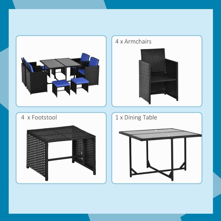 9pc Compact PE Rattan Wicker Dining Table Set w/ Cushions for Outdoor Patio Deck - Black & Blue