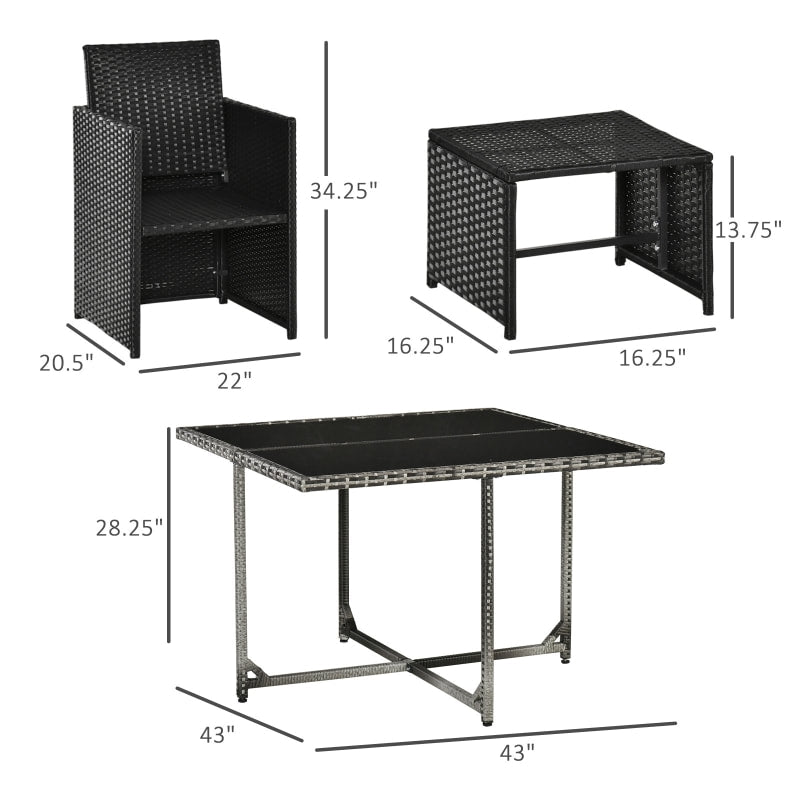 9pc Compact PE Rattan Wicker Dining Table Set w/ Cushions for Outdoor Patio Deck - Black & Blue