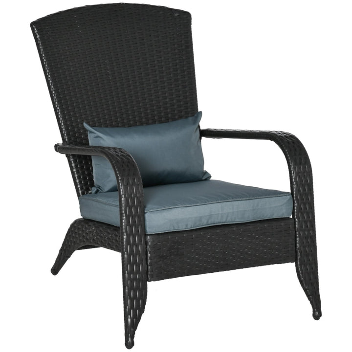 PE Rattan Wicker Muskoka Adirondack Chair Lounger Patio Deck Garden Seat, Brown, Grey Cushion
