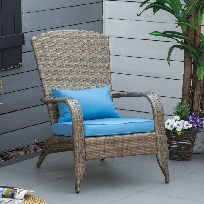 PE Rattan Wicker Muskoka Adirondack Chair Lounge Patio Deck Garden Seat, Lt Brown, Blue Cushion