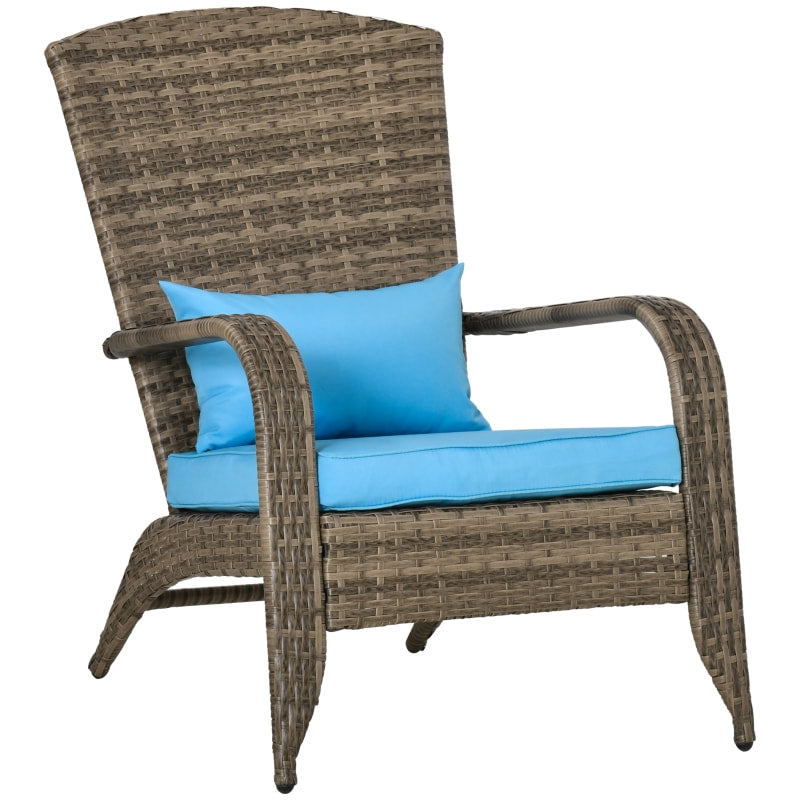 PE Rattan Wicker Muskoka Adirondack Chair Lounge Patio Deck Garden Seat, Lt Brown, Blue Cushion